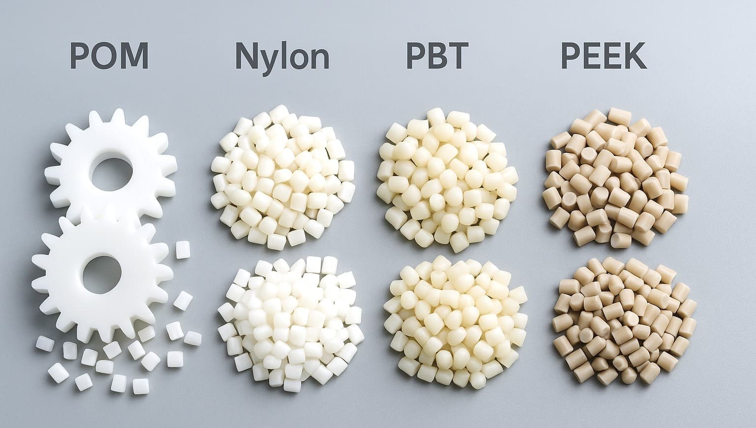 POM, Nylon, PBT and PEEK plastic gear materials comparison — raw resin pellets and precision molded POM spur gears by LiCoom Motion